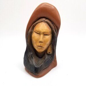 Vintage Native American Statue Figurine Signed Woman Earring Brown Eyes Closed